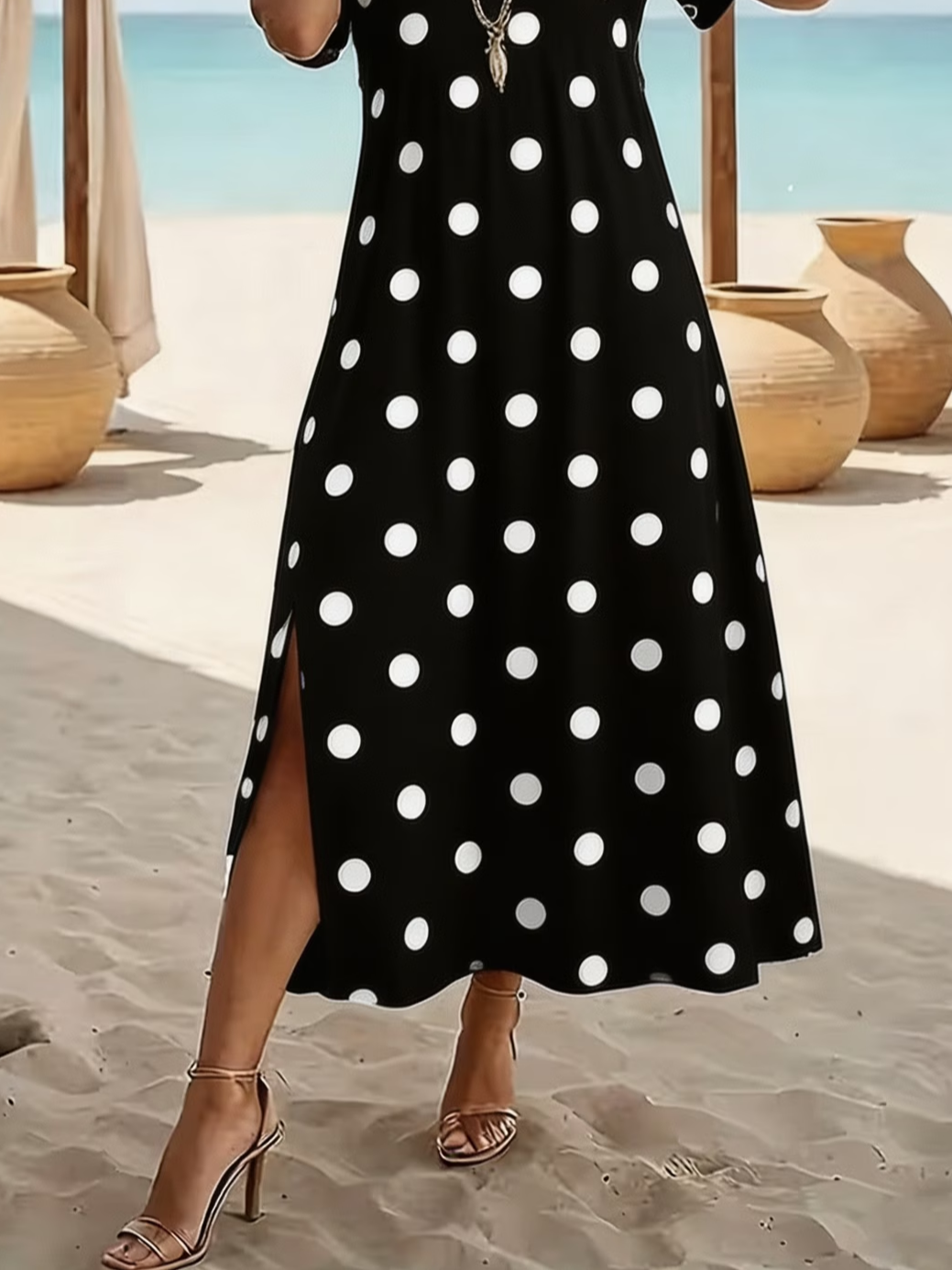 Women Polka Dots Summer Printing Crew Neck Short Sleeve Maxi T-Shirt Dress
