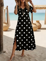 Women Polka Dots Summer Printing Crew Neck Short Sleeve Maxi T-Shirt Dress