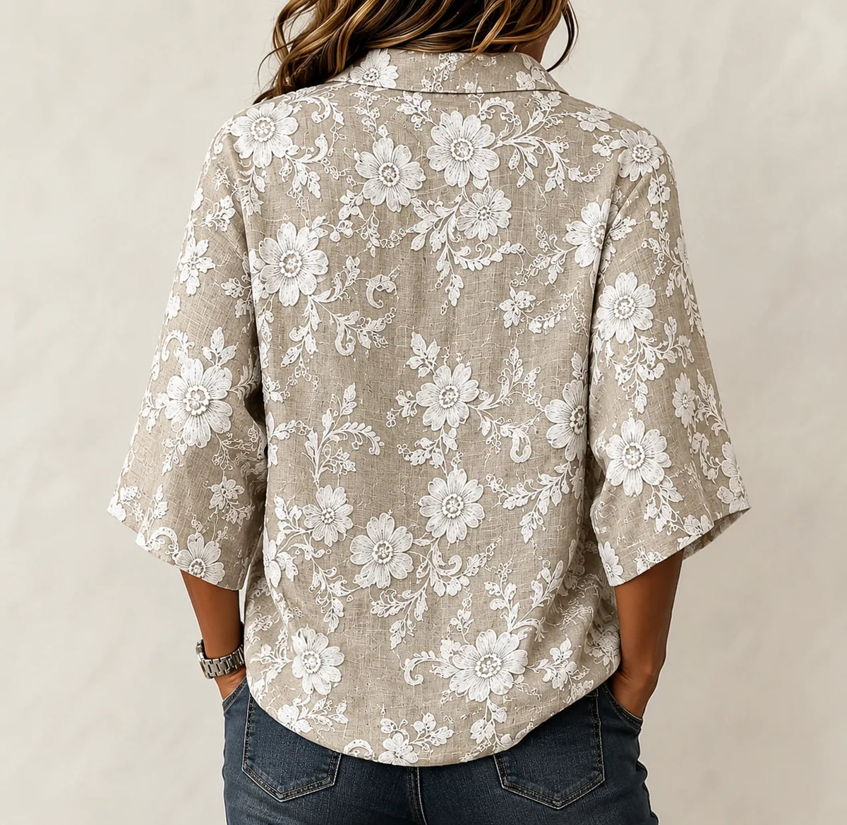 Women Shawl Collar Half Sleeve Floral Lightweight Loose Shirt