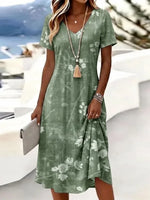 Women Floral Summer Dress V Neck Short Sleeve T-Shirt A-Line Dress
