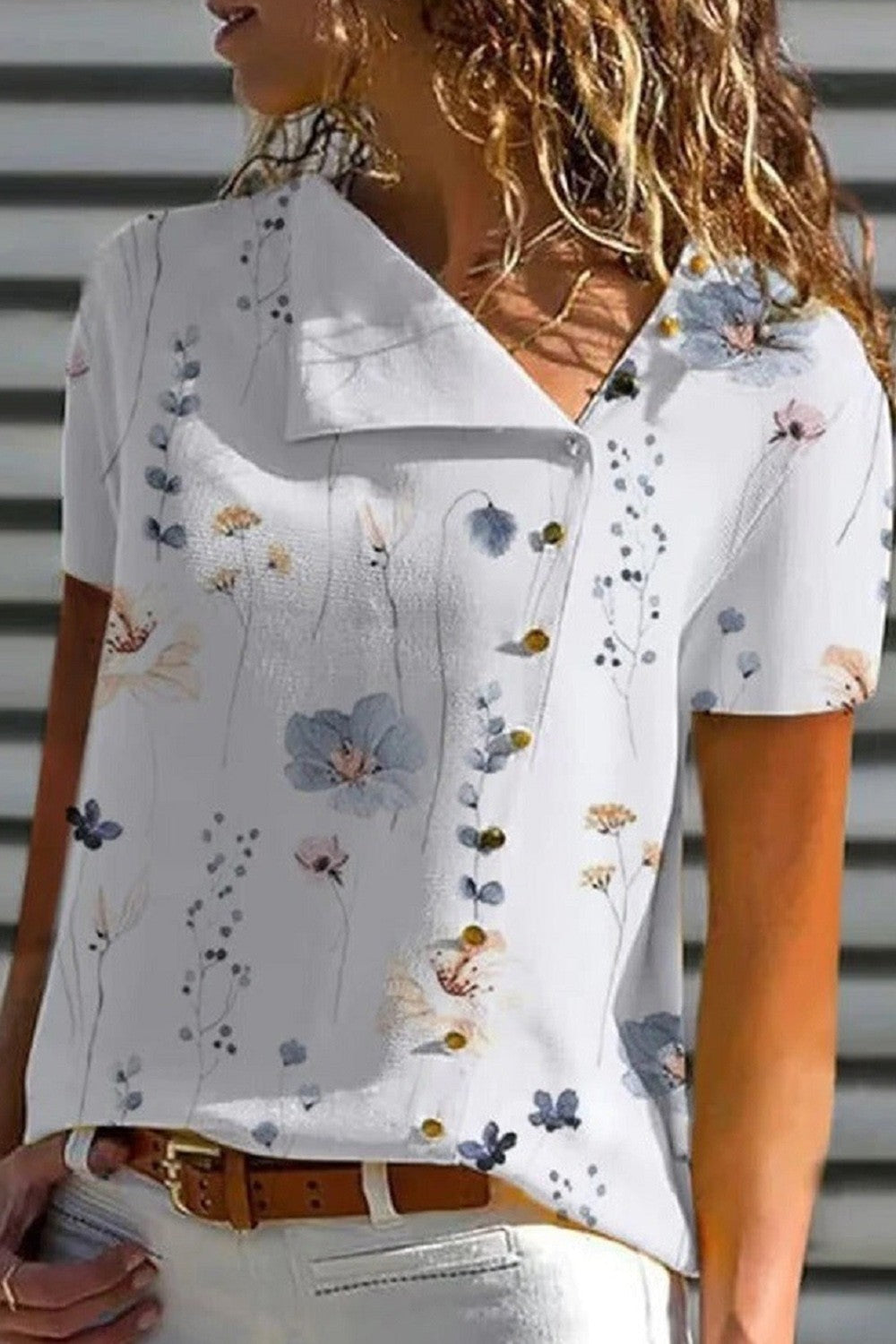 Casual V Neck Floral Print Short Sleeves Blouses