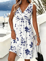 Classic Blue and White Leaf Print Twist V Neck Sleeveless A-Line Midi Tank Dress