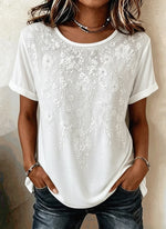 Vintage Floral Crew Neck Short Sleeve 3D Embroidery Loose T-shirt