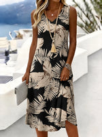 Black Tropical Palm Leaf V Neck Sleeveless A-Line Midi Tank Dress