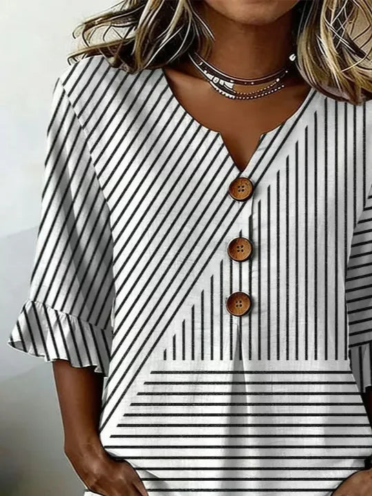 V Neck Half Sleeve Spliced Striped Print Ruffle Cuff Button Blouse