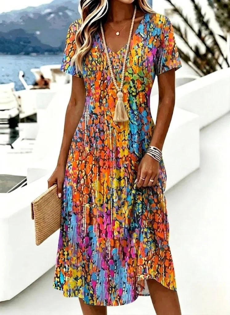 Women Abstract Summer V Neck Short Sleeve A-Line Midi Dress