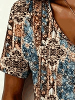 Vintage Paisley Floral V Neck Short Sleeve Loose H-Line T-shirt
