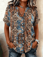 Women V Neck Short Sleeve Paisley Floral Loose Button Down Shirt