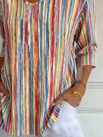 Casual Abstract Stripes V Neck Three Quarter Sleeve T-shirt