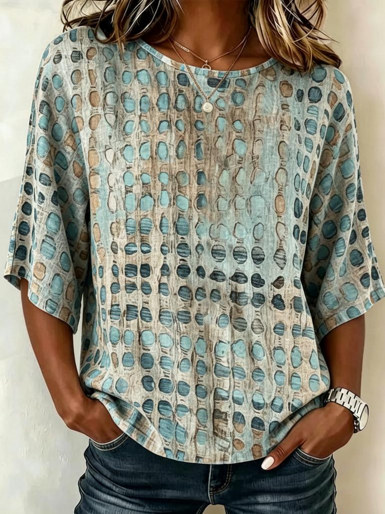 Crew Neck Half Sleeve Geometric Printing Regular Micro-Elasticity Loose Blouse For Women
