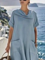 Women Plain Summer Dress Cowl Neck Short Sleeve A-Line Dress