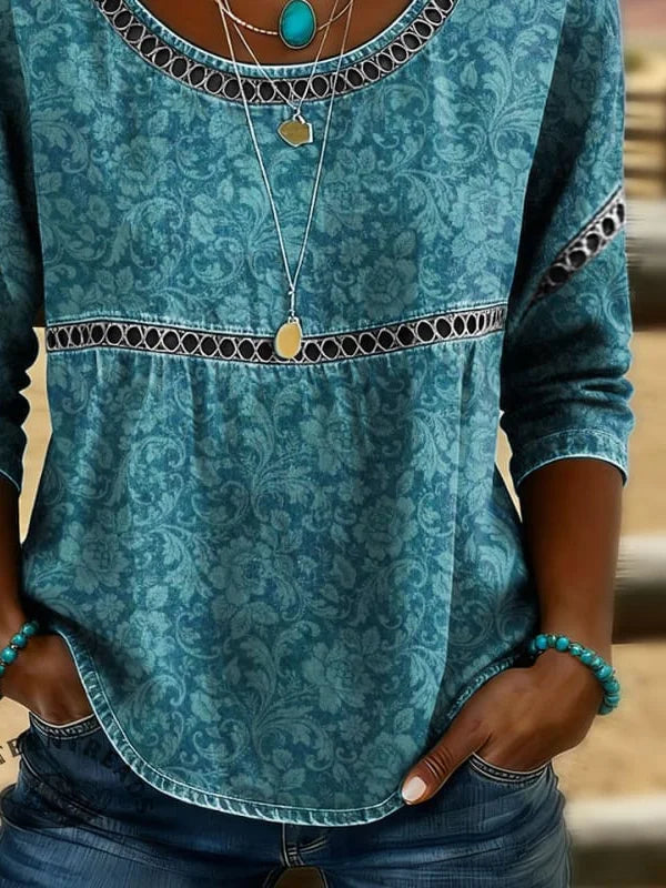 Crew Neck 3/4 Sleeve Floral Printing Regular Loose Blouse For Women
