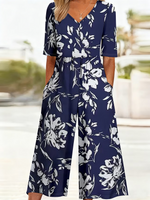 Women Floral V Neck Half Sleeve Casual Summer Jumpsuit