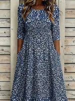 Women Abstract Summer Printing Dress Crew Neck Half Sleeve H-Line Dress