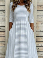 Women Striped Summer Printing Dress Crew Neck Half Sleeve H-Line Dress