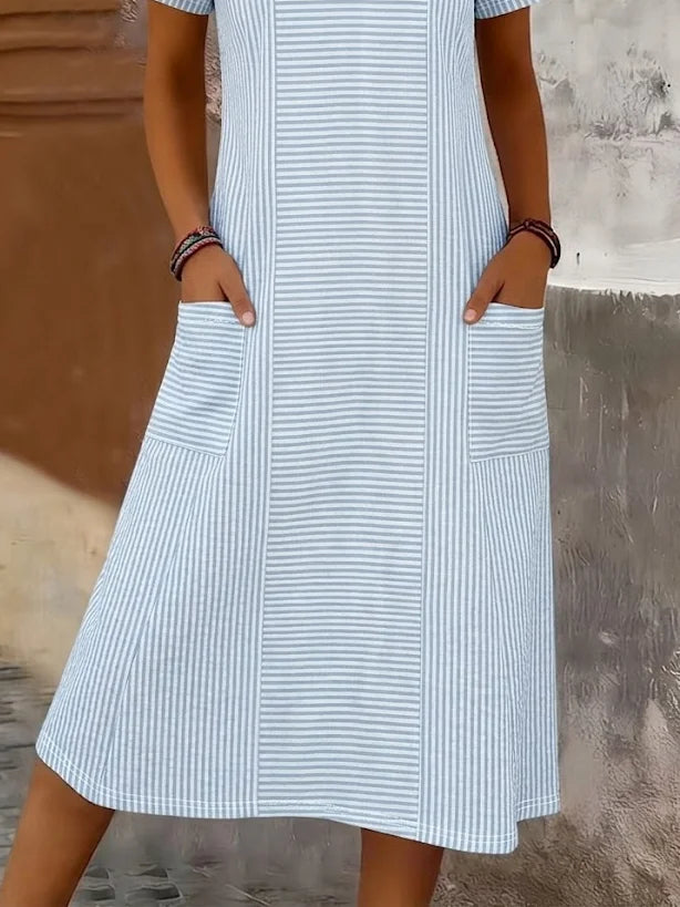 Women Striped Summer Printing Dress Crew Neck Short Sleeve T-Shirt Dress H-Line Dress