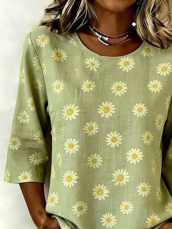 Crew Neck 3/4 Sleeve Floral Printing Regular Micro-Elasticity Regular Fit Blouse For Women
