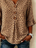 V Neck 3/4 Sleeve Leopard Printing Regular Micro-Elasticity Regular Fit Blouse For Women