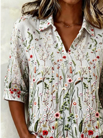 Casual Shawl Collar Half Sleeve Floral Lightweight Loose Shirt For Women