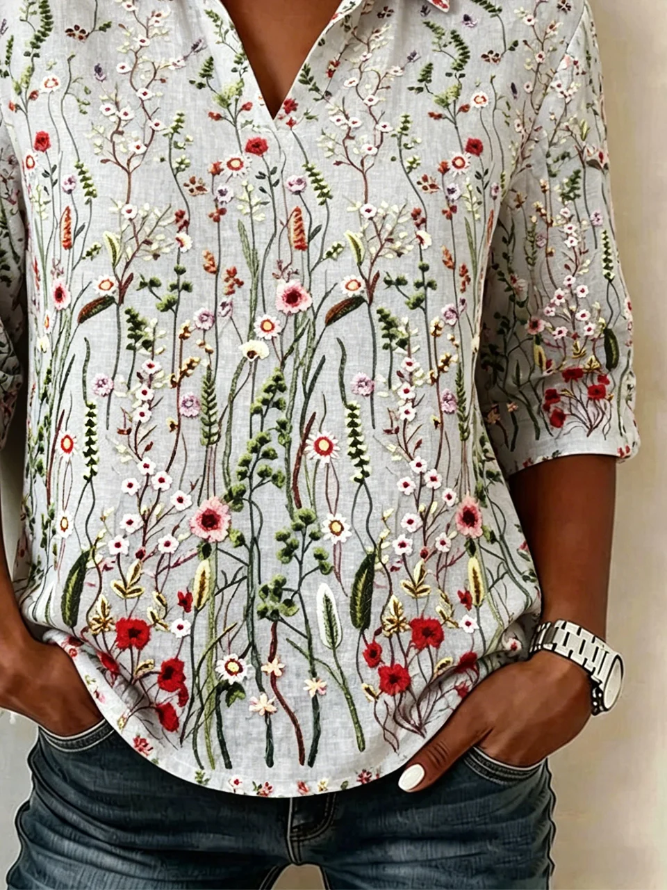 Casual Shawl Collar Half Sleeve Floral Lightweight Loose Shirt For Women