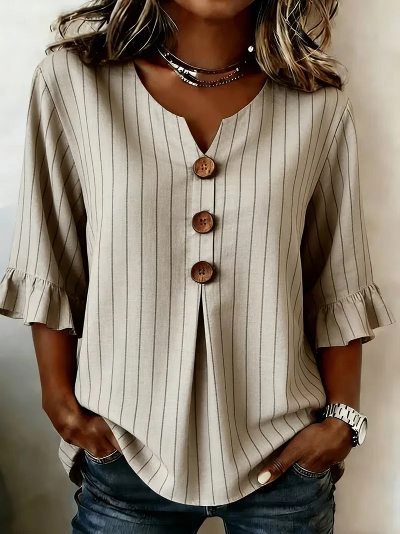 V Neck Half Sleeve Striped Printing Regular Micro-Elasticity Regular Fit Blouse For Women