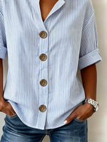 V Neck Half Sleeve Striped Regular Loose Shirt For Women