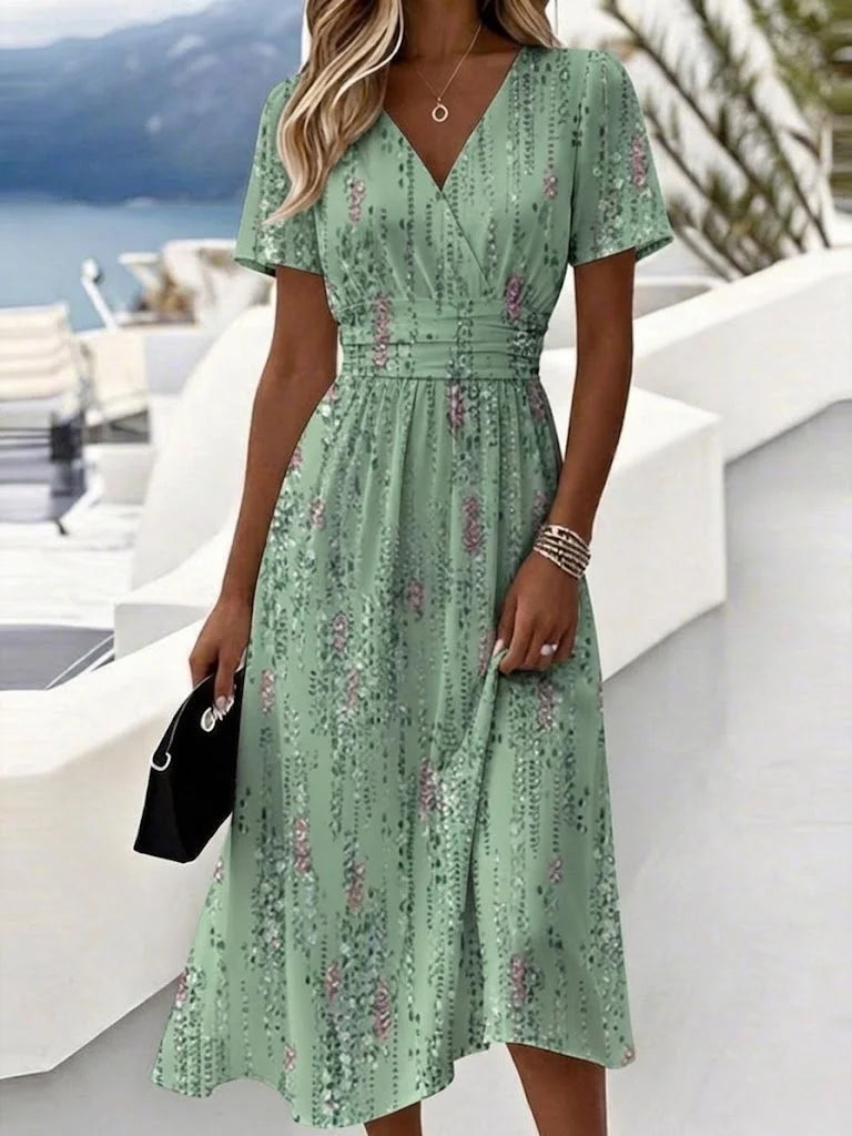 Women Gradient Pattern Summer Dress V Neck Short Sleeve Beach Dress A-Line Dress