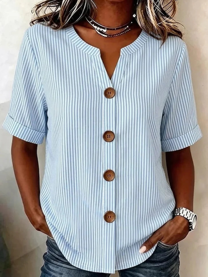 V Neck Short Sleeve Striped Regular Loose Shirt For Women