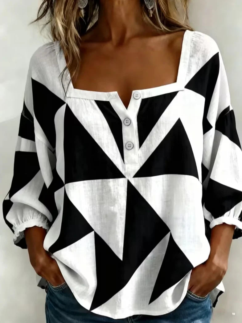 Square Neck Three Quarter Sleeve Abstract Printing Regular Micro-Elasticity Loose Blouse For Women