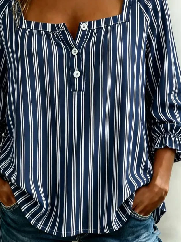 Square Neck Three Quarter Sleeve Striped Printing Regular Micro-Elasticity Loose Blouse For Women