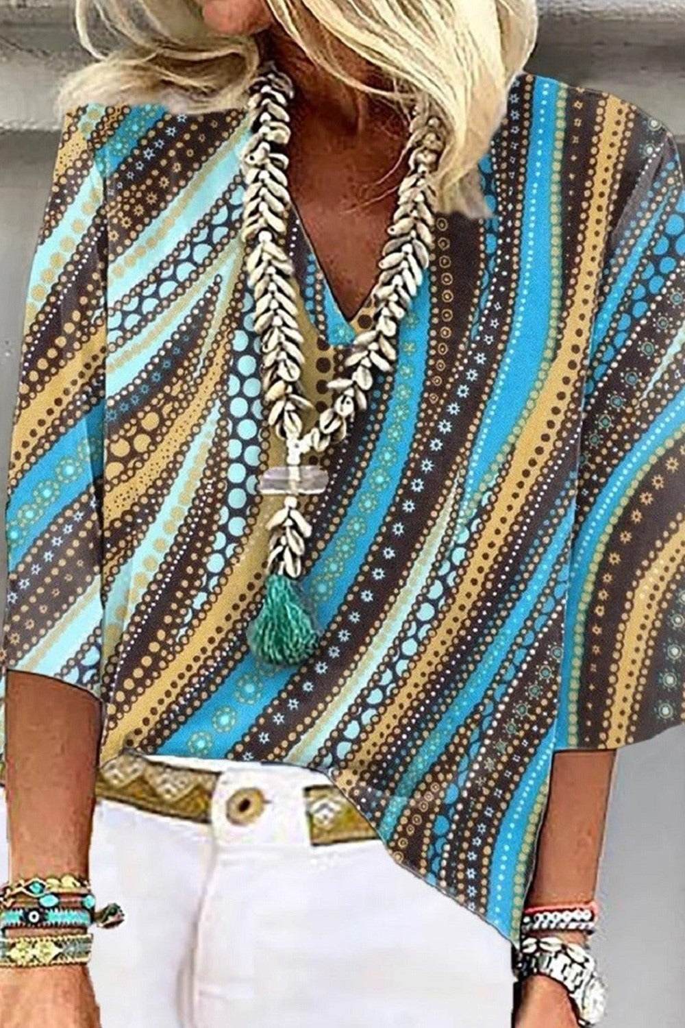 Casual V Neck Abstract Stripe Print 3/4 Sleevess Blouse