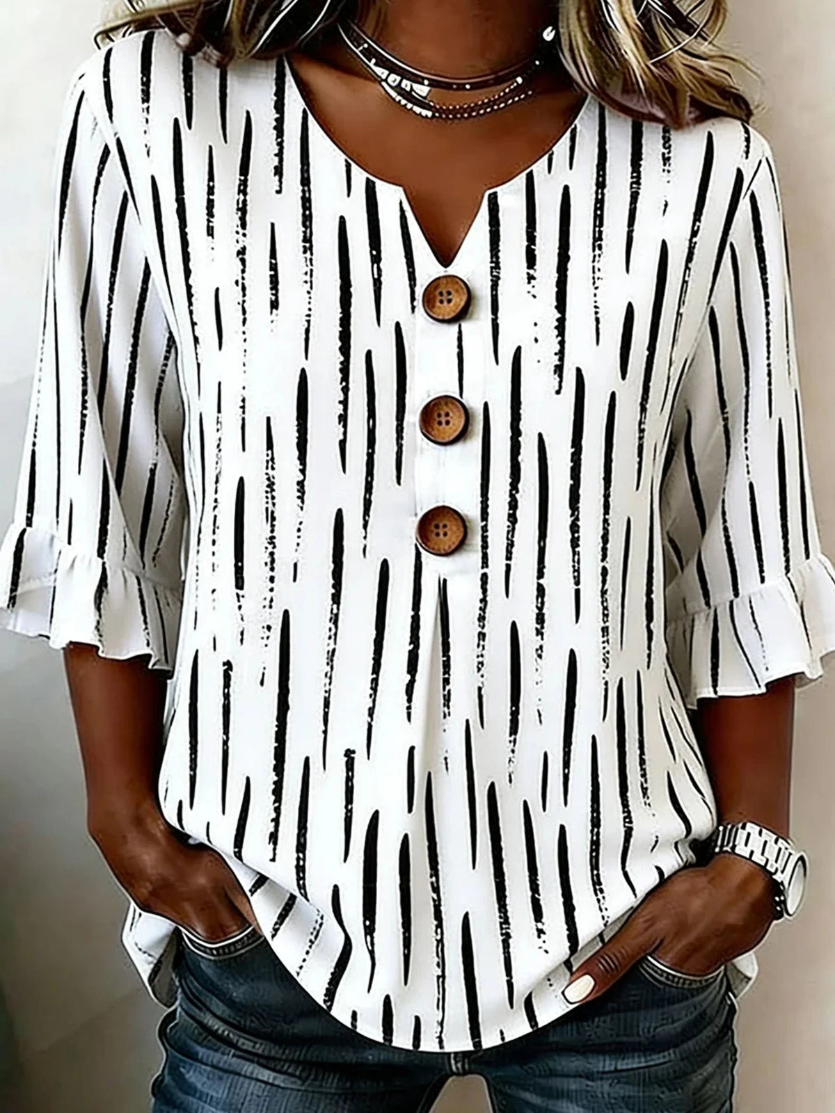 Women's V Neck Half Sleeve Striped Regular Regular Fit Blouse