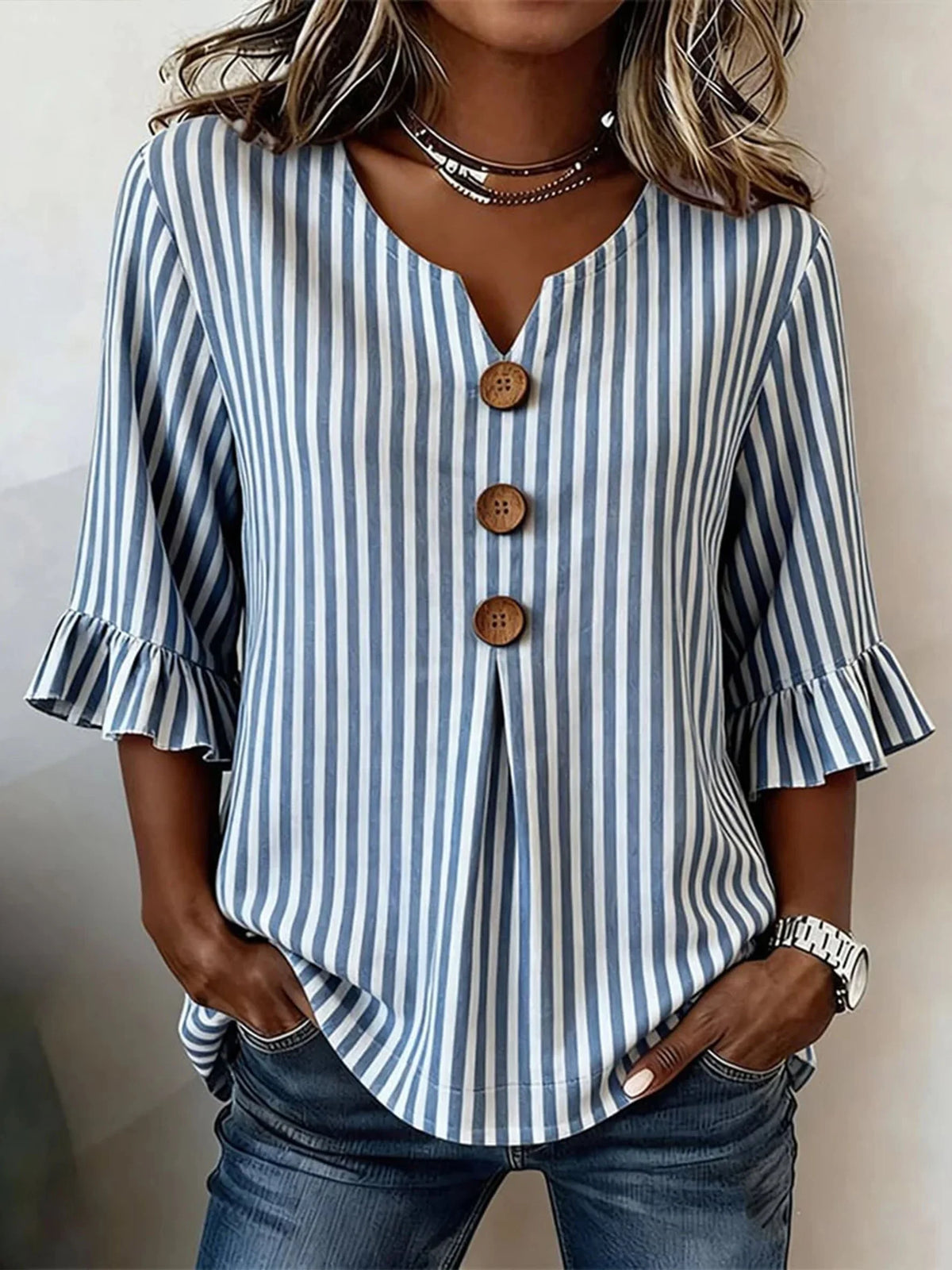 V Neck Half Sleeve Striped Regular Regular Fit Blouse For Women
