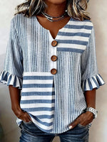V Neck Half Sleeve Striped Regular Regular Fit Casual Blouse For Women