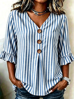 V Neck Short Sleeve Striped Regular Regular Fit Blouse For Women