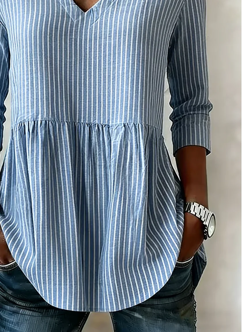 V Neck Long Sleeve Striped Regular Loose Shirt For Women