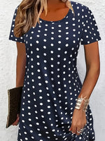 Women Polka Dots Summer Printing Dress Crew Neck Short Sleeve T-Shirt Dress A-Line Dress