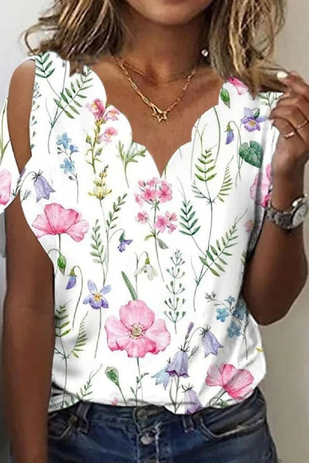 Casual V Neck Floral Print Short Sleeves T-Shirt