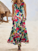 Women Boho Floral Print Sleeveless V Neck Vacation Maxi Dress
