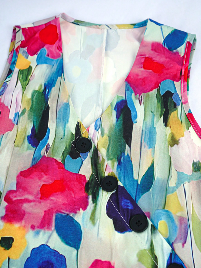 Women Boho Floral Print Sleeveless V Neck Vacation Maxi Dress