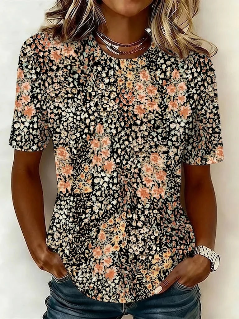 Women Crew Neck Short Sleeve Black Base Small Floral Loose Graphic T-shirt