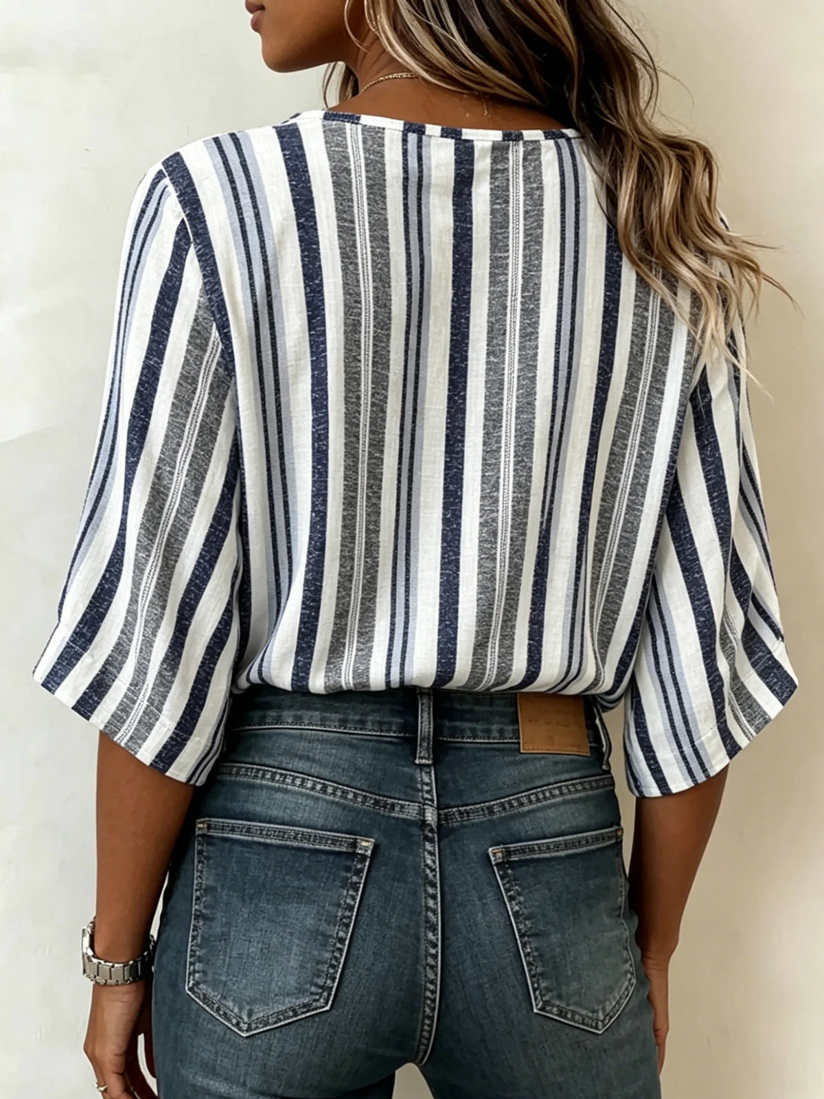 Women Crew Neck Half Sleeve Navy White Vertical Stripe Loose Blouse