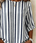Women Crew Neck Half Sleeve Navy White Vertical Stripe Loose Blouse