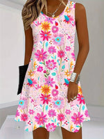 Women Crew Neck Sleeveless Pink Floral Midi Tank A-Line Dress