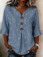 Women V Neck Half Sleeve Blue Leaf Regular Fit Blouse