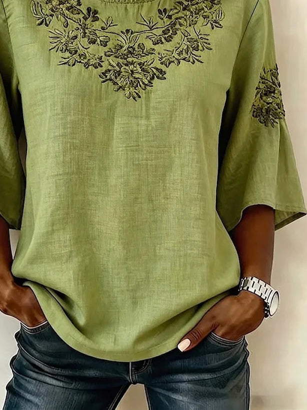 Women Crew Neck Half Sleeve Green Floral Vintage Casual Summer Top