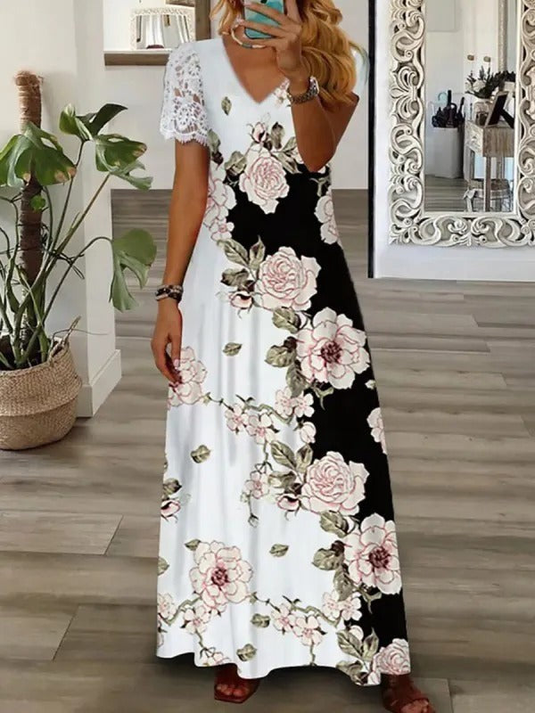 Short Sleeves Lace Paneled V Neck Floral Print Maxi Dress