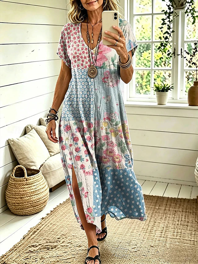 Patchwork Floral Print V Neck Short Sleeve Loose A Line Midi Dress With Side Slits
