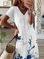 White Base Blue Ink Floral V Neck Short Sleeve Loose Summer Maxi Dress