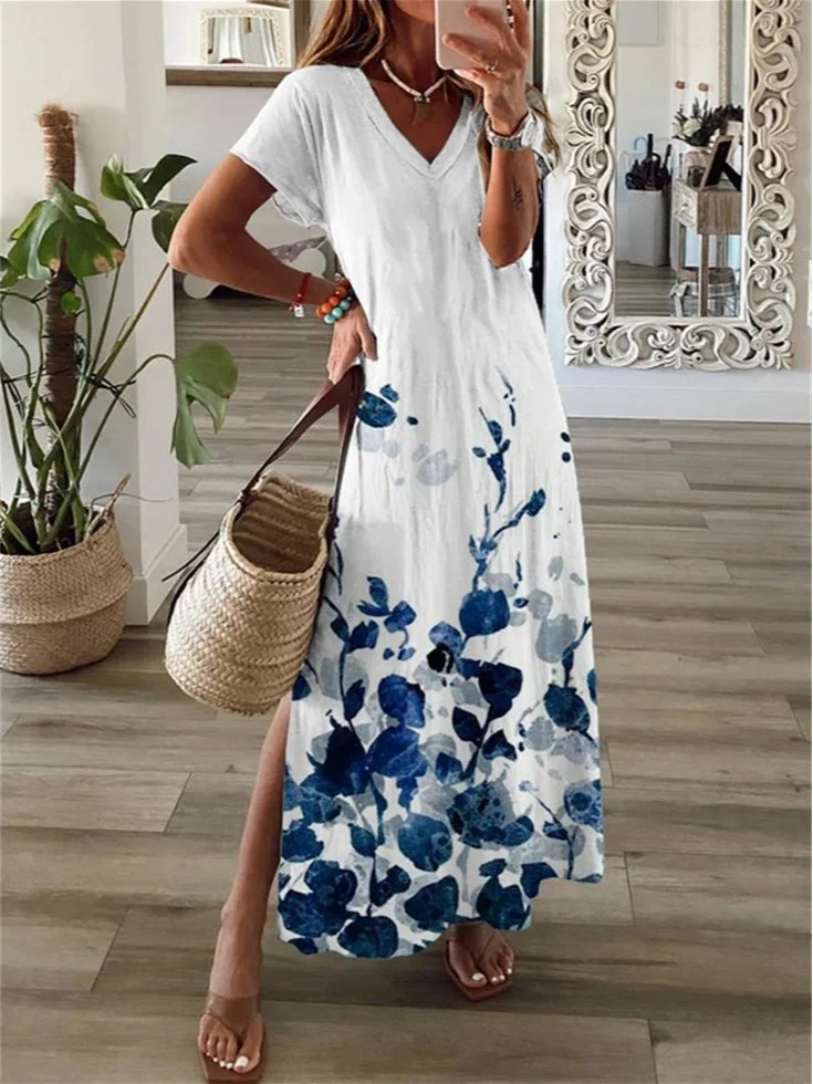 White Base Blue Ink Floral V Neck Short Sleeve Loose Summer Maxi Dress